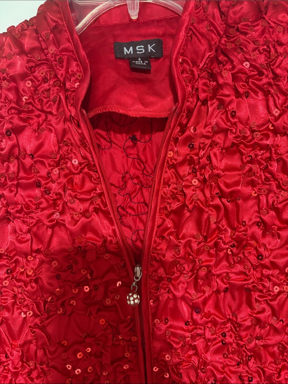 MSK Red Ruffled Satin Zip Jacket - Picture 2 of 11